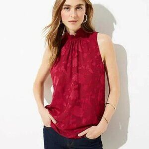 Loft Floral Jacquard Print Crimson Red Sleeveless Blouse Size Large